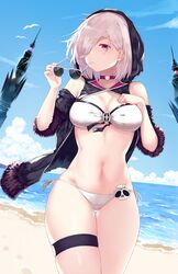  bare_shoulders beach bikini bird blue_sky blush breasts choker cloud day female fur_trim glint grey-framed_eyewear groin hair_over_one_eye highres holding holding_removed_eyewear hood hood_up hoodie large_breasts long_sleeves looking_at_viewer navel ocean outdoors parted_lips pink_eyes seagull shadowverse shingeki_no_bahamut short_hair skindentation skull sky smile solo stomach sunglasses swimsuit thigh_strap unworn_eyewear white_bikini white_hair wind wizardess_of_oz yamato_(muchuu_paradigm) 