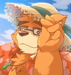  2019 anthro bear boar_stag144 brown_body brown_fur clothing eyewear fur glasses hat headgear headwear humanoid_hands lifewonders male mammal shirt solo straw_hat tokyo_afterschool_summoners topwear volos_(tas) 