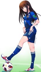  2018_fifa_world_cup adidas ball brown_hair cleats commentary_request female full_body grass green_eyes highres idolmaster idolmaster_cinderella_girls inoue_sora japan japanese_flag kneehighs legs long_hair looking_at_viewer open_mouth revision shibuya_rin shorts signature smile soccer soccer_ball soccer_uniform socks solo sportswear telstar_18 world_cup 