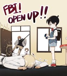  3boys amuro_tooru apron backpack bag bell black_hair blonde_hair blue_shorts blue_vest bob_cut bow bowtie brown_hair caught closed_eyes collared_shirt covered_mouth edogawa_conan english_text faceplant fbi fbi_open_up female fermium.ice glasses grey_jacket gun haibara_ai highres holding holding_gun holding_weapon indoors jacket jitome kicking lolicon long_sleeves looking_at_another lying mask meitantei_conan meme mouth_mask multiple_boys no_mouth okiya_subaru on_floor on_stomach opening_door pants profile randoseru red_bow red_bowtie red_footwear rifle ring_box shirt shoes short_sleeves shorts sniper_rifle sparkle standing stool sweatdrop trembling turtleneck vest weapon white_jacket yaoi 