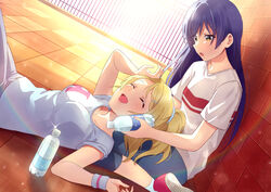  2girls absurdres ayase_eli blonde_hair blue_hair blush bottle bottle_to_cheek closed_eyes commentary highres holding holding_bottle lap_pillow long_hair looking_at_another love_live! love_live!_school_idol_project lying multiple_girls nanatsu_no_umi open_mouth outdoors sitting smile sonoda_umi sportswear swept_bangs wariza water_bottle yellow_eyes yuri 