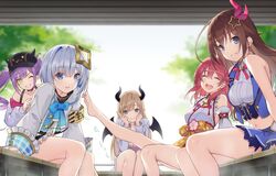  5girls akanebi amane_kanata amane_kanata_(1st_costume) armband bare_shoulders bat_wings bibi_(tokoyami_towa) black_headwear blonde_hair blue_eyes blue_hair blue_jacket blue_neckwear blue_skirt bra_strap brown_hair choker closed_eyes collared_shirt demon_horns detached_sleeves foot_up frilled_skirt frills green_eyes grey_hair hair_ornament hat hololive horns jacket japanese_clothes kimono legs_together long_hair looking_at_viewer midriff mini_wings multicolored_hair multiple_girls neck_ribbon obi off_shoulder one_eye_closed parted_lips pink_hair purple_hair red_ribbon ribbon sakura_miko sakura_miko_(1st_costume) sash shirt short_hair sitting skirt sleeveless sleeveless_jacket sleeveless_kimono sleeveless_shirt smile streaked_hair tokino_sora tokino_sora_(1st_costume) tokoyami_towa tokoyami_towa_(1st_costume) twintails virtual_youtuber white_kimono white_sleeves wide_sleeves wings yuzuki_choco yuzuki_choco_(1st_costume) 