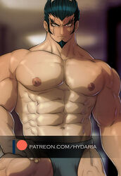  1boy abs artist_name bara black_hair blue_eyes blurry blurry_background closed_mouth collarbone danganronpa_(series) danganronpa_2:_goodbye_despair facial_hair goatee hand_on_own_thigh hydaria knee_up looking_at_viewer male_focus male_underwear muscular muscular_male navel nidai_nekomaru nipples patreon_logo patreon_username shirtless short_hair solo underwear watermark web_address 