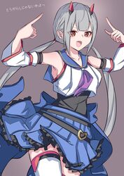  :d arms_up assault_lily bare_shoulders belt black_belt black_shirt blue_sailor_collar blue_skirt blunt_bangs collarbone commentary cowboy_shot crop_top detached_sleeves fangs female frilled_skirt frills fujita_asagao grey_background grey_hair highres horns houji_tea_latte layered_sleeves long_hair long_sleeves looking_at_viewer low_twintails mechanical_horns miniskirt multiple_belts neckerchief open_mouth pleated_skirt pointing pointing_at_self purple_neckerchief red_eyes red_horns sailor_collar school_uniform serafuku shirt simple_background skirt sleeveless sleeveless_shirt smile solo standing thighhighs translated twintails undershirt v-shaped_eyebrows very_long_hair waist_cape white_shirt white_thighhighs wide_sleeves zettai_ryouiki 