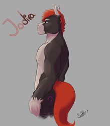  2017 anthro ass biceps biped black_body black_fur blue_eyes character_name digital_media_(artwork) equid equine eyebrows fur grey_background hair half-length_portrait hi_res horse jodira looking_at_viewer male mammal multicolored_body multicolored_ears multicolored_fur muscular muscular_anthro muscular_male nipples nude pandacouch pecs portrait red_hair red_tail short_hair side_view simple_background smile solo standing tail tattoo two_tone_body two_tone_ears two_tone_fur white_body white_eyebrows white_fur white_nipples 