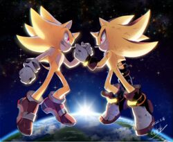  2boys earth_(planet) eye_contact floating furry gareki_sh gloves glowing glowing_eyes grin holding_hands looking_at_another multiple_boys planet red_eyes shadow_the_hedgehog shoes smile sneakers soap_shoes sonic_(series) sonic_adventure_2 sonic_the_hedgehog space sun sunlight super_shadow super_sonic white_gloves 