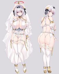  absurdres alicia_renato_(yashiro_sousaku) ankle_strap arm_strap ass back bare_shoulders belt blush borrowed_character breasts bridal_gauntlets chains choker cleavage closed_mouth collarbone commentary_request commission cross crossed_bangs detached_sleeves female flower full_body garter_belt grey_background groin hair_between_eyes hair_flower hair_ornament hair_ribbon half-closed_eyes halo hand_on_own_chest heterochromia highleg highleg_leotard highres large_breasts leotard lips lock long_sleeves looking_at_viewer looking_back minamon_(vittel221) multiple_views o-ring original puffy_long_sleeves puffy_sleeves red_eyes ribbon second-party_source short_hair silver_hair simple_background smile standing thigh_strap thighhighs veil white_leotard white_thighhighs wrist_straps yellow_eyes 