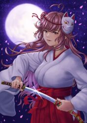  ahoge breasts brown_eyes brown_hair commentary_request cookie_(touhou) cowboy_shot drawing_sword female fox_mask full_moon hakama hakama_skirt heart heart_ahoge highres holding holding_sword holding_weapon indie_virtual_youtuber japanese_clothes kanna_(cookie) katana kimono long_hair mask mask_on_head medium_breasts miko moon parasite_oyatsu parted_lips petals red_skirt scabbard sheath skirt smile solo sword unsheathing virtual_youtuber weapon white_kimono wide_sleeves 