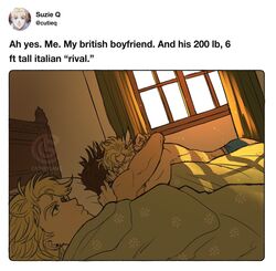  2boys 500_dollar_four_foot_tall_mareep_(meme) artist_name battle_tendency bed bedroom blanket blonde_hair blue_eyes brown_hair caesar_anthonio_zeppeli catneylang cheating_(relationship) closed_eyes closed_mouth commentary couple covered_mouth curtains earrings english_commentary english_text expressionless facial_mark facing_away fake_screenshot feather_hair_ornament feathers female hair_ornament highres hug indoors jewelry jojo_no_kimyou_na_bouken joseph_joestar joseph_joestar_(young) light_particles light_rays long_hair lying lying_on_person male_underwear meme multiple_boys mutual_hug on_back on_bed pillow short_hair sunbeam sunlight suzi_q under_covers underwear underwear_only watermark window yaoi 