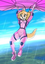  anthro bodysuit breasts canid canine canis clothed clothing cockapoo diacordst domestic_dog exposure_variation female fully_clothed fur harness hi_res mammal mixed_breed open_mouth parachute paw_patrol pink_clothing pink_eyes skinsuit sky skydiving skye_(paw_patrol) small_breasts smile solo suit tan_body tan_fur tight_clothing 