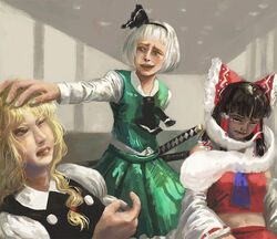  3girls amibazh annoyed ascot bad_perspective bad_proportions black_ascot black_bow black_dress black_hair black_hairband black_ribbon blonde_hair blue_ascot bob_cut bow bowtie braid breasts buttons chinese_commentary closed_eyes collar collared_shirt commentary conquer_(2003_tv_series) crying detached_sleeves dress faux_traditional_media fine_art_parody frilled_bow frills green_skirt green_vest hair_ribbon hair_tubes hairband hairbow hakurei_reimu hand_on_another&#039;s_head indoors kirisame_marisa konpaku_youmu lips liu_huaqiang long_hair meme multiple_girls navel no_headwear nontraditional_miko parody puffy_sleeves red_bow red_eyes red_shirt red_skirt ribbon ribbon-trimmed_sleeves ribbon_trim scene_reference shirt short_sleeves sidelocks single_braid sitting skirt skirt_set sleeveless small_breasts texture touhou vest white_collar white_hair white_shirt yellow_eyes 