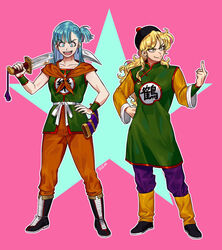  2girls aqua_eyes aqua_hair artist_name black_footwear blonde_hair boots bulma_briefs chinese_clothes commentary_request cosplay dizim dragon_ball dragon_ball_(classic) hand_on_own_hip hat highres lunch_(bad)_(dragon_ball) lunch_(dragon_ball) middle_finger multiple_girls one_side_up open_mouth outline sheath signature smile sword tenshinhan tenshinhan_(cosplay) wavy_hair weapon wristband yamcha yamcha_(cosplay) yellow_eyes 