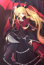  bat_wings black_dress black_umbrella blazblue blonde_hair blunt_bangs bow commentary_request covered_mouth cross dress female frills hair_ribbon high_collar highres long_hair nadiaz nago rachel_alucard red_bow red_eyes ribbon twintails umbrella vampire very_long_hair wide_sleeves wings 