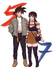  1boy arm_around_waist artist_name bag black_eyes black_footwear black_hair black_nails boots brown_footwear brown_skirt chi-chi_(dragon_ball) commentary_request couple dizim dragon_ball dragon_ball_(classic) earrings fashion female hand_in_pocket handbag high_heel_boots high_heels highres jacket jewelry korean_commentary ponytail shirt sidelocks signature skirt son_goku straight streetwear striped_clothes striped_shirt thigh_boots thighhighs zettai_ryouiki 