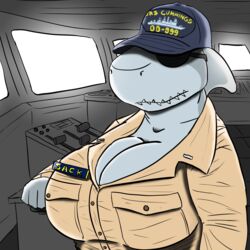  1:1 2019 anthro big_breasts breasts cleavage clothed clothed_breasts clothing eyewear female fish fully_clothed hat headgear headwear helen_sack_(savagelyrandom) hi_res huge_breasts komododad marine military navy non-mammal_breasts shark ship solo sunglasses text text_on_clothing text_on_hat text_on_headwear u.s._navy uniform vehicle watercraft 