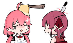  2girls ahoge axe bleeding blood chibi closed_eyes collared_shirt crying facing_another golden_axe_(weapon) hololive houshou_marine houshou_marine_(1st_costume) knife_in_head long_hair low_twintails multiple_girls object_through_head official_alternate_costume open_mouth pink_hair red_hair sakana_(saka11205) sakura_miko sakura_miko_(casual) shirt streaming_tears tears twintails upper_body virtual_youtuber white_background 