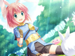  +_+ :3 :d akira_(139931) animal_ears archer_(ragnarok_online) belt black_legwear blue_shirt brown_skirt bush clover commentary cowboy_shot day dress dutch_angle eclipse_(ragnarok_online) female forest four-leaf_clover grass green_eyes hair_between_eyes light_particles looking_down lunatic_(ragnarok_online) mandragora_(ragnarok_online) muneate nature open_mouth outdoors pink_hair poring rabbit rabbit_ears ragnarok_online shirt short_dress short_hair short_sleeves sitting skirt slime_(creature) smile sunlight thighhighs tree 