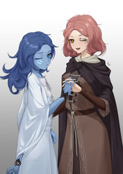  2girls absurdres black_brooch black_cloak blue_eyes blue_hair blue_skin brown_hair brown_tunic cloak closed_eyes colored_skin cracked_skin doll_joints dress elden_ring extra_arms facial_tattoo highres hood hooded_cloak interlocked_fingers joints looking_at_viewer melina_(elden_ring) mian_li multiple_girls ranni_the_witch tattoo white_dress 