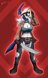  absol anthro arkia_the_absol blue_body blue_tail boots breasts clothing cosplay costume diamond_grenadier female footwear friday_the_13th_(series) fur generation_3_pokemon hair hi_res hockey_mask holding_object holding_weapon horn jason_voorhees machete mammal mask melee_weapon nintendo pokemon pokemon_(species) red_eyes solo sports_mask sportswear tail torn_clothing weapon white_body white_fur 