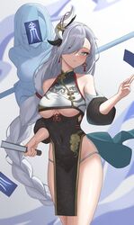  absurdres bare_shoulders blue_eyes blush braid breasts closed_mouth covered_navel female genshin_impact grey_hair hair_ornament hair_over_one_eye hand_up highres holding large_breasts long_hair looking_at_viewer low-braided_long_hair low-tied_long_hair one_eye_covered panties pelvic_curtain shenhe&#039;s_talisman_spirit_(genshin_impact) shenhe_(genshin_impact) thighs toki88909 underboob underwear white_panties 