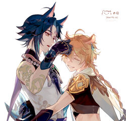  2boys aether_(genshin_impact) ahoge animal_ears aqua_hair arm_tattoo bead_necklace beads black_gloves black_hair blonde_hair braid cape cat_day cat_ears dated earrings facial_mark forehead_mark genshin_impact gloves grin hair_between_eyes highres jewelry male_focus mask multicolored_hair multiple_boys necklace one_eye_closed open_mouth rokuon short_sleeves simple_background single_braid single_earring sleeveless smile tassel tattoo twitter_username upper_body white_background xiao_(genshin_impact) yaoi yellow_eyes 