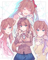  alternate_costume alternate_hairstyle angry bad_id bad_pixiv_id blue_nails blue_skirt blush border bow breasts brown_hair brown_vest buttons chestnut_mouth closed_eyes closed_mouth commentary_request doki_doki_literature_club dress embarrassed female green_eyes green_nails hair_ornament hairbow hairclip hands_on_own_cheeks hands_on_own_face large_breasts long_sleeves monika_(doki_doki_literature_club) multiple_views nail_polish necktie open_mouth pink_shirt pleated_skirt purple_nails red_bow red_necktie ribbed_sweater shirt signature simple_background skirt smile spoken_blush spoken_lightning_bolt spoken_squiggle squiggle star_(symbol) sweater thinking upper_body vest white_background white_bow white_dress white_shirt yellow_sweater yuiki_yuu 