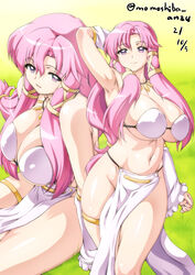  arm_up armpits bikini bikini_top_only breasts cattleya_yvette_la_baume_le_blanc_de_la_fontaine dancer detached_sleeves female jewelry large_breasts long_hair nafta navel necklace pelvic_curtain pink_eyes pink_hair sidelocks swimsuit white_bikini white_sleeves zero_no_tsukaima 