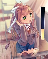  artist_name black_thighhighs blue_skirt blush breasts brown_hair brown_jacket chair classroom commentary_request curtains desk doki_doki_literature_club female gauge green_eyes hair_ribbon hand_on_own_leg hand_up have_to_pee indoors jacket kakuume legs_together long_hair long_sleeves looking_at_viewer miniskirt monika_(doki_doki_literature_club) neck_ribbon open_mouth pleated_skirt ponytail red_ribbon ribbon school_desk school_uniform shirt signature sitting skindentation skirt small_breasts smile solo sweat teeth thighhighs urine_meter white_ribbon white_shirt x-ray zettai_ryouiki 