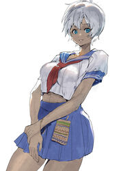  abs absurdres ahoge alternate_costume blue_skirt bracelet dark-skinned_female dark_skin elena_(street_fighter) female grey_background grey_hair hand_on_own_wrist highres jewelry midriff mixed-language_commentary navel neckerchief parted_lips red_neckerchief school_uniform serafuku short_hair simple_background skirt smile solo street_fighter tanakalma toned uniform 