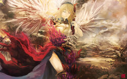  angel_wings armor armored_boots black_skirt blonde_hair boots breasts cape claws cleavage closed_eyes closed_mouth commentary english_commentary feathered_wings female fire foot_out_of_frame gauntlets head_wings highres holding long_hair medium_breasts pauldrons ragnarok_online red_cape shoulder_armor signature skirt solo tree tsunoh valkyrie valkyrie_randgris waist_cape white_wings wings 