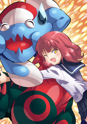  +_+ ;d absurdres blue_sailor_collar blush closed_eyes commentary_request crossover dracovish female happy highres kazu_(sp225ns9) koisuru_asteroid looking_at_viewer one_eye_closed open_mouth pokemon pokemon_(creature) red_eyes red_hair sailor_collar sakurai_mikage school_uniform serafuku shirt smile sweatdrop white_shirt 