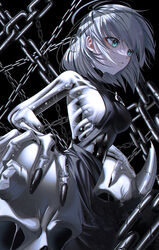  absurdres black_background black_dress blue_eyes breasts bubble chains chromatic_aberration claws closed_mouth commentary crack dress english_commentary eyebrows_hidden_by_hair female grey_hair highres lips liquid looking_away medium_breasts medium_hair noubin original see-through_body shadow simple_background skeleton skirt skull solo transparent turtleneck 