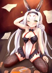  ;q absurdres alternate_costume animal_ears arm_up azur_lane blush breasts commentary_request female headband highres long_hair looking_at_viewer medium_breasts official_alternate_costume one_eye_closed paper playboy_bunny rabbit_ears shimakaze_(azur_lane) shimakaze_(world&#039;s_speediest_bunny_waitress)_(azur_lane) sitting spill takahasho thighhighs tongue tongue_out tray white_hair yellow_eyes 