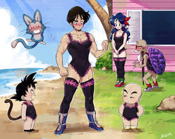  4boys artist_name bald beard black_eyes black_hair blue_eyes blue_footwear blue_hair blue_sky blush boots breasts cleavage cloud commentary_request crossdressing dizim dragon_ball dragon_ball_(classic) facial_hair female grass hair_ribbon highres house kuririn lunch_(dragon_ball) lunch_(good)_(dragon_ball) medium_breasts monkey_tail multiple_boys muscular muten_roushi old old_man open_mouth outdoors puar ribbon shoes signature sky smile sneakers son_goku staff sunglasses tail thighhighs turtle_shell yamcha 