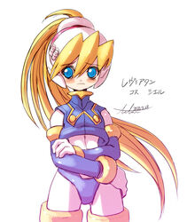  blonde_hair blue_eyes blush ciel_(mega_man) commentary_request cosplay dated fairy_leviathan_(mega_man) fairy_leviathan_(mega_man)_(cosplay) female gloves hair_between_eyes headgear helmet high_ponytail highres kamiyama_teten long_hair mega_man_(series) mega_man_zero_(series) ponytail signature simple_background solo translated white_background 