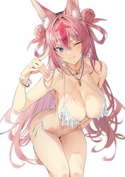  animal_ear_fluff animal_ears bare_shoulders bikini blue_eyes blush bracelet breasts cleavage closed_mouth collarbone double_bun female hair_bun hanayono_menora hand_up highres hiiragi_yuuichi indie_virtual_youtuber jewelry large_breasts leaning_forward long_hair looking_at_viewer one_eye_closed pink_hair second-party_source side-tie_bikini_bottom simple_background smile solo swimsuit thighs virtual_youtuber white_background white_bikini 