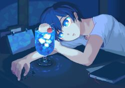  1boy animated animated blinking blue_eyes blue_hair book bubble cherry desk drink food fruit ice ice_cube looking_at_object lowres lying open_mouth pixel_art shirt toyoi_yuuta white_shirt 