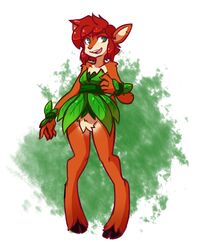  2018 activision anthro bottomless brown_body brown_fur clothed clothing cloven_hooves crotch_tuft deer digital_media_(artwork) dress elora faun_(spyro) female fur green_eyes hair hooves leaf leaf_clothing leaf_dress mammal mewgle naturally_censored open_mouth open_smile red_hair shaded short_hair simple_background smile solo spyro_reignited_trilogy spyro_the_dragon standing tan_body tan_fur tuft 