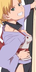  aonori_misuji blonde_hair breasts cleavage female forehead_protector green_eyes long_hair looking_at_viewer naruto naruto_(series) ponytail simple_background smile solo temari_(naruto) white_background 