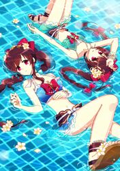  2girls amane_tsukasa amane_tsukasa_(swimsuit_ver.) amane_tsukuyo amane_tsukuyo_(swimsuit_ver.) aqua_bikini arm_at_side bad_id bad_twitter_id bikini bikini_skirt black_choker blue_background blue_bikini bow braid braided_ponytail brown_footwear brown_hair choker closed_mouth coral_hair_ornament eighth_note floating floating_hair flower frilled_cuffs hair_flower hair_ornament hair_ribbon hairbow halterneck hand_jewel hand_on_own_head hand_on_own_stomach hand_up highres long_hair looking_at_viewer lying magia_record:_mahou_shoujo_madoka_magica_gaiden mahou_shoujo_madoka_magica matching_outfits multiple_girls musical_note on_back on_water parted_lips partially_submerged pendant_choker plumeria pool red_bow red_eyes red_ribbon ribbon sandals shell_hair_ornament siblings sidelocks single_braid single_wrist_cuff sisters spaghetti_strap starfish_hair_ornament swimsuit transparent_ribbon treble_clef twin_braids twins very_long_hair water white_ribbon wrist_cuffs yellow_flower yumekogome 