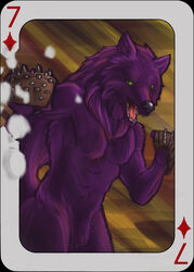 anthro brass_knuckles canid canine canis card card_template cestus claws diamonds_(suit) fur green_eyes hi_res killioma male mammal melee_weapon open_mouth playing_card playing_card_template purple_body purple_fur sekotta seven_of_diamonds solo spikes suit_symbol teeth tongue weapon wolf