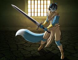 anthro armband armor black_hair blue_body blue_fur canid canine clothed clothing convincing_weapon fox fur hair male mammal matypup melee_weapon solo sword weapon yellow_eyes