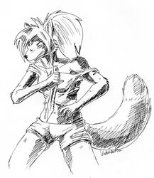 2013 anthro biped bottomwear canid canine canis clothing female hair knife mammal monochrome ponytail pose shirt shorts sierra_blakely simple_background sketch solo standing tank_top topwear valentinapaz weapon white_background wolf