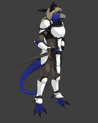 2013 anthro armor biped bleuhawke dragon hi_res horn male melee_weapon mythological_creature mythological_scalie mythology scalie solo standing sword tail warrior weapon