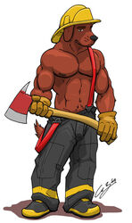 2009 abs anthro armor axe biceps biped boots bottomwear brown_body brown_eyes brown_fur canid canine canis chestnuts_(artist) clothed clothing domestic_dog fire_axe firefighter firefighter_boots firefighter_helmet footwear fur gus headgear helmet male mammal melee_weapon muscular muscular_anthro muscular_male nipples pants pecs pose shoes solo tail topless turnout_gear uniform weapon