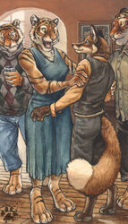 2012 4:7 anthro barefoot blotch blue_eyes brown_body brown_fur building canid canine clothing detailed devlin_miski divisions feet felid female fox fur group house inside interspecies kyell_gold male male/male mammal orange_body orange_eyes orange_fur pantherine party photo pose romantic romantic_couple tail tiger wiley_farrel