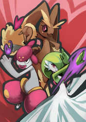 ambiguous_gender anthro bittenhard gardevoir generation_3_pokemon generation_4_pokemon group heart_symbol lagomorph looking_at_viewer lopunny mammal medicham nintendo pokemon pokemon_(species) pokemon_mystery_dungeon red_eyes smile spike_chunsoft team_charm