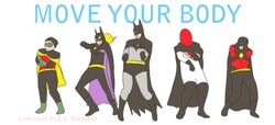 animated bat_symbol batgirl batman batman_(series) dancing dc_comics english_text female group human low_res male mammal red_hood red_robin_(dc) robin_(dc) short_playtime simple_background text unknown_artist white_background