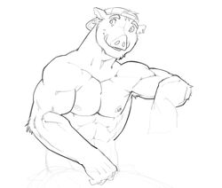 abs anthro armpit_hair biceps body_hair clothed clothing domestic_pig fur hat headgear headwear male mammal mechanic monochrome muscular muscular_anthro muscular_male nipple_piercing nipples pecs piercing pose sketch smile solo suid suina superslickslasher sus_(pig) topless wild_boar