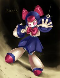 2012 brass_(medabots) female gun hi_res jiayi machine medarot pink_eyes ranged_weapon ribbons robot solo standing weapon